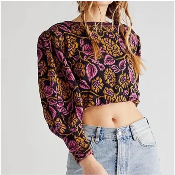 Free People Sweaters - Free People Purple No Ordinary Top Floral Jacquard Cropped Cut Out Back Sweater